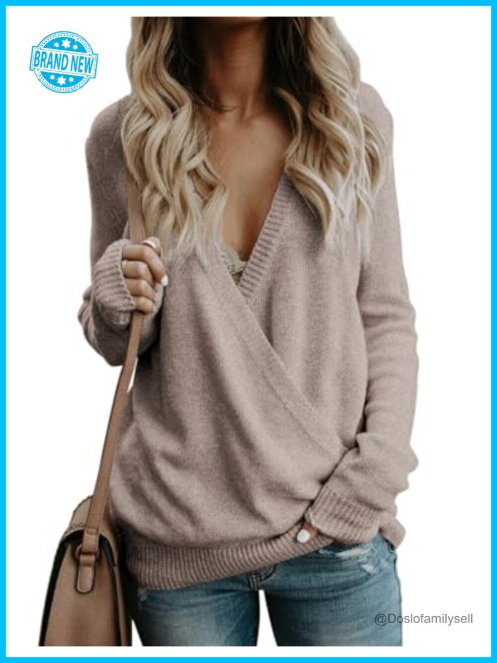 Womens Oversized Long Sleeve Wrap Sweater V Neck Ribbed Knit Pullover